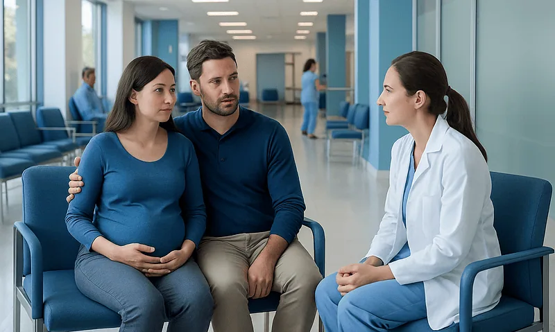Pregnant woman consulting with doctor in hospital waiting area.