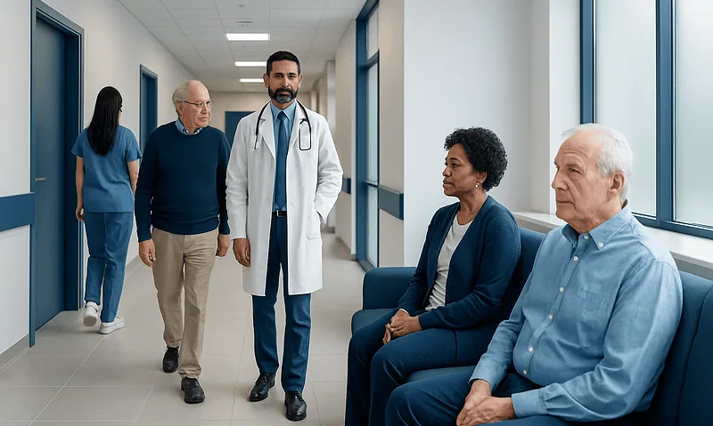 Medical consultation with diverse patients in a hospital corridor.
