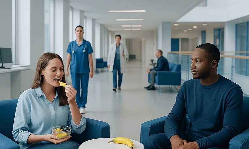 Young woman eating healthy snack in hospital waiting area.