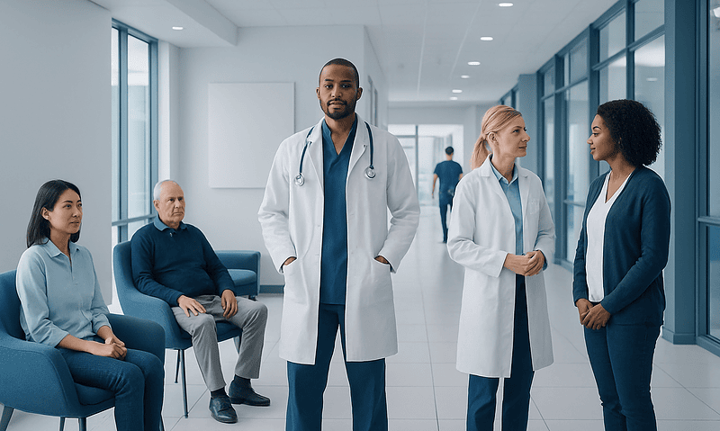 Medical team consulting in a modern hospital corridor with patients.