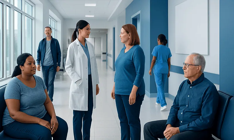 Healthcare professionals and patients in a hospital corridor.