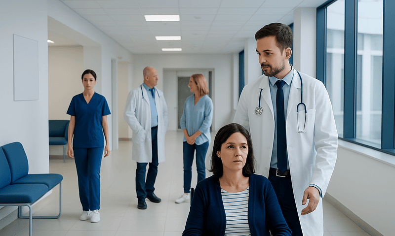 Can Vitamin B12 Deficiency Be a Sign of Cancer? 7 Doctor consulting a patient in a hospital corridor with medical staff in the background.