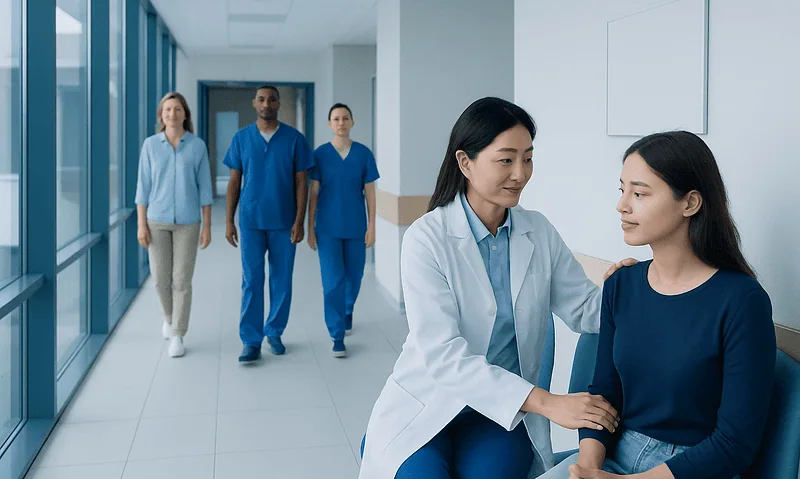Healthcare professionals in a hospital corridor with a patient consultation.