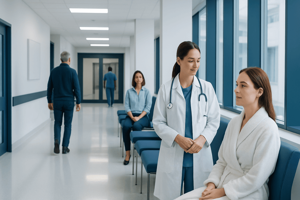 Facial Treatment Before an Event: Which Procedures Have Minimal Downtime? 1 Healthcare professionals and patients in a modern hospital corridor.