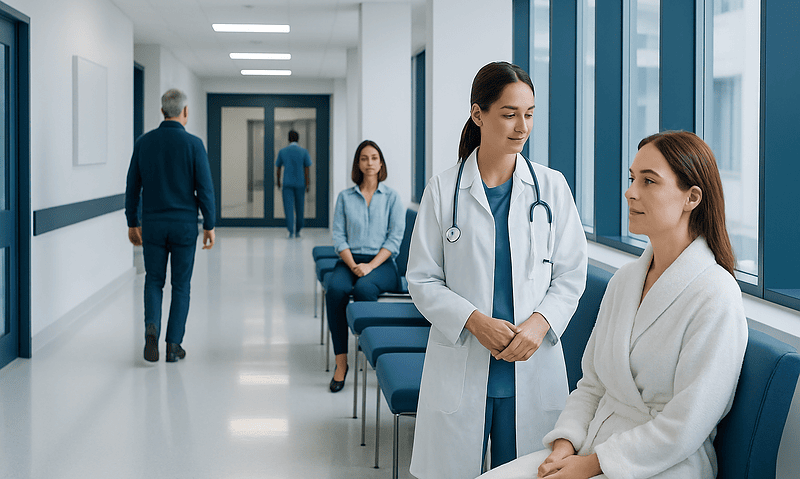 Healthcare professionals and patients in a modern hospital corridor.