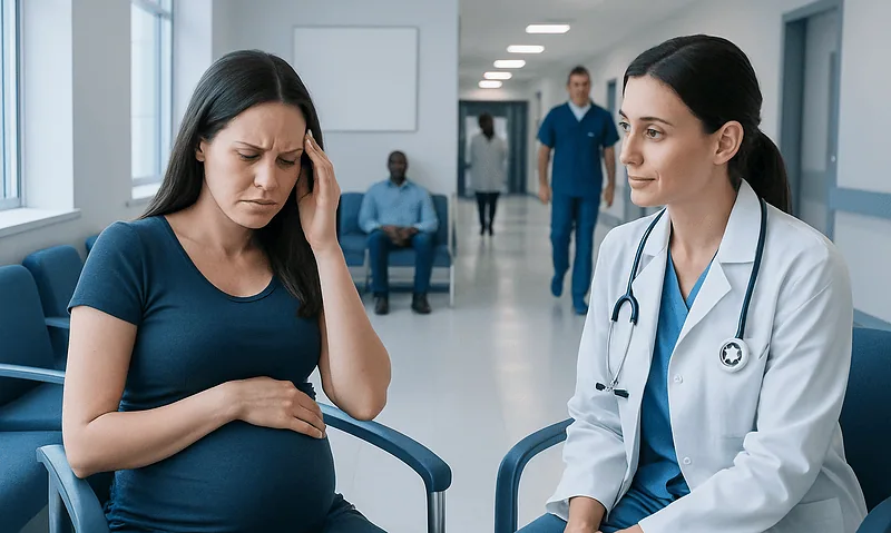 Pregnant woman consulting with a doctor in hospital corridor.