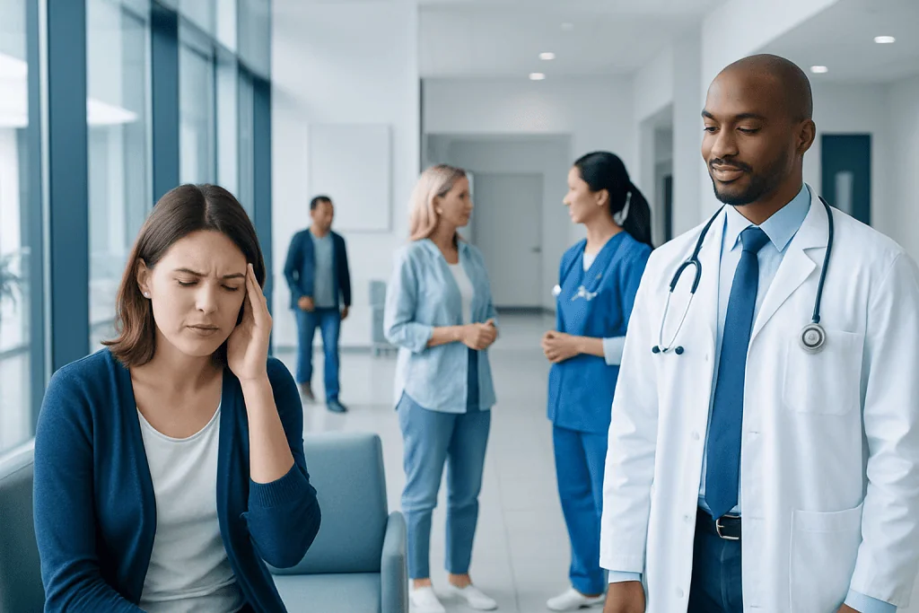 Best Migraine Medicine for Your Symptoms: Triptans, Gepants, and Other Options 1 Patient experiencing headache in hospital waiting area.