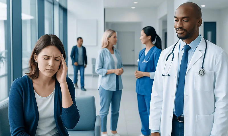 Patient experiencing headache in hospital waiting area.