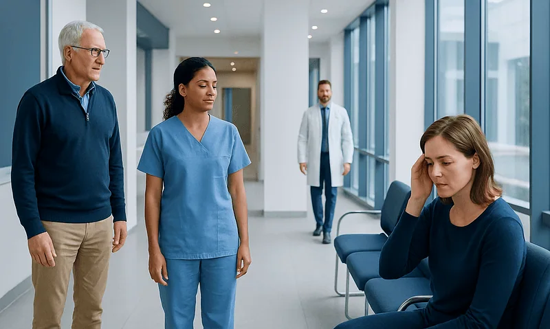 Patient experiencing headache in a hospital corridor with medical staff nearby.