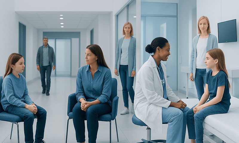 Children and healthcare professionals in a hospital waiting area.