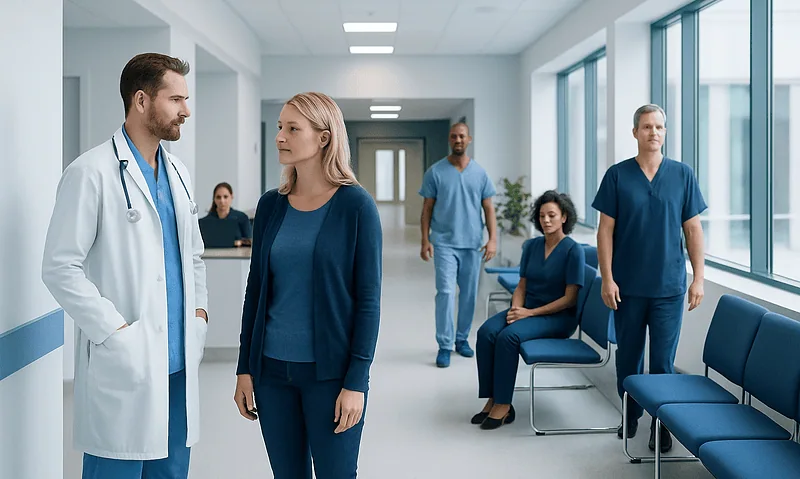 Medical team consulting in hospital corridor with patients and staff.