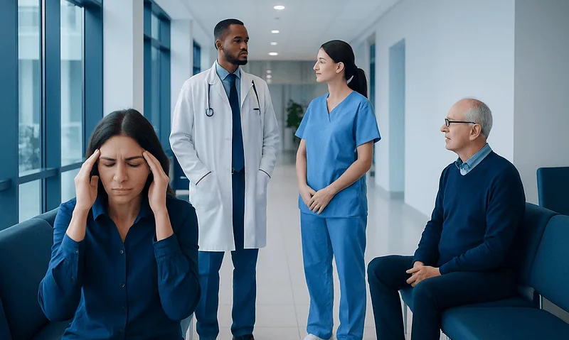 Patient experiencing headache in hospital corridor with medical staff nearby.
