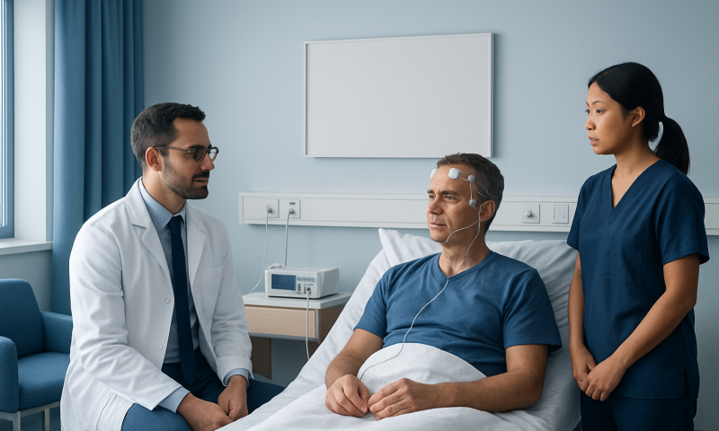 Doctor and nurse consulting with patient in hospital room.
