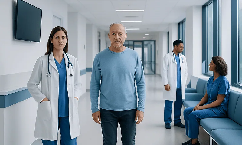 Medical professionals and patient in a hospital corridor at Acibadem Hospitals Group.