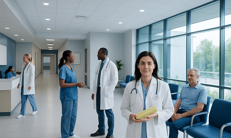 Healthcare professionals and patient in a modern hospital corridor.