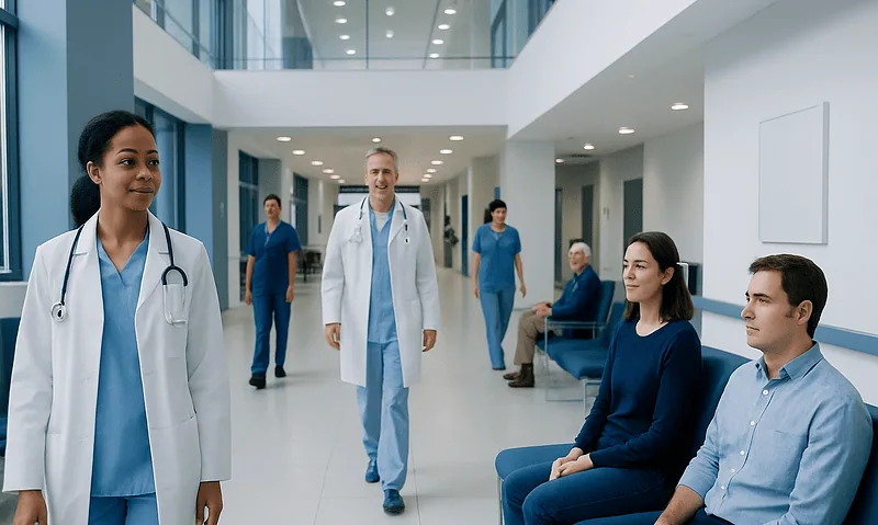 Healthcare professionals and patients in a modern hospital corridor.