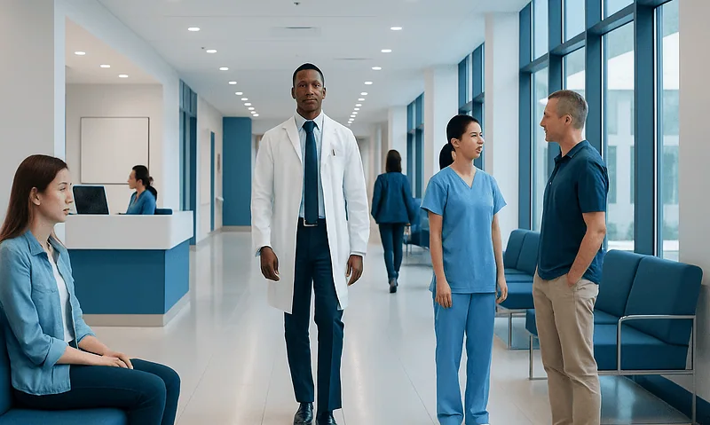 Healthcare professionals and staff in a modern hospital corridor.