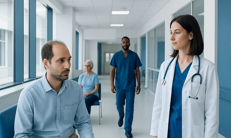 Doctor consulting a patient in a hospital corridor with medical staff in the background.