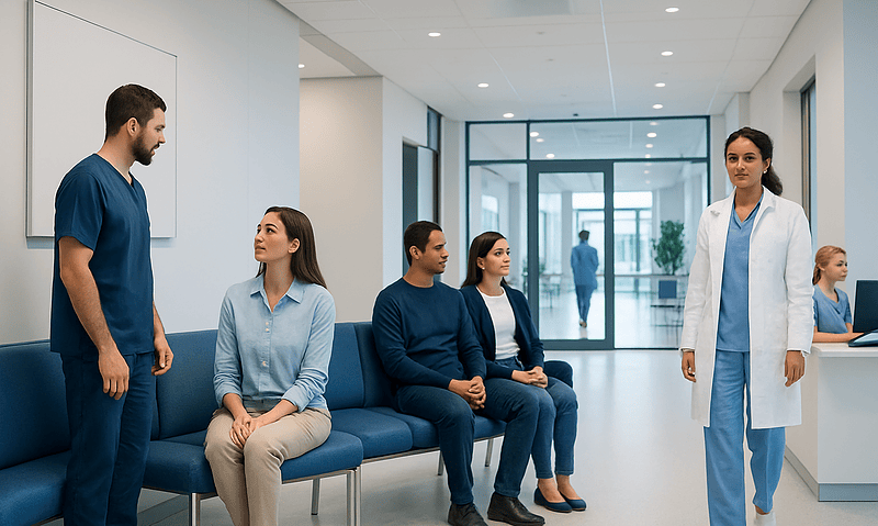 Patients waiting in a hospital corridor with medical staff present.