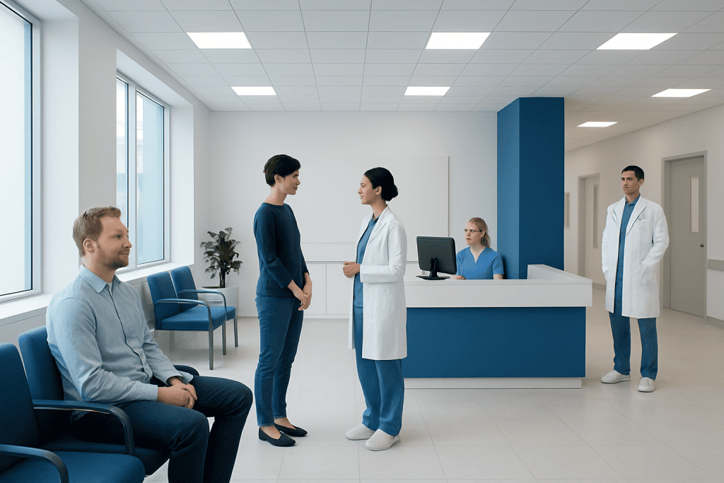 Does LASIK Hurt? What You Feel During and After Surgery 1 Patients and doctors in a modern hospital waiting area and consultation room.