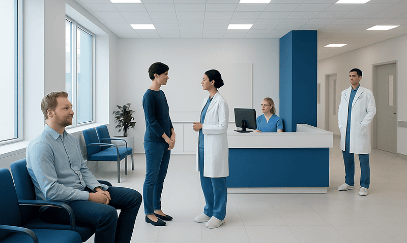 Patients and doctors in a modern hospital waiting area and consultation room.