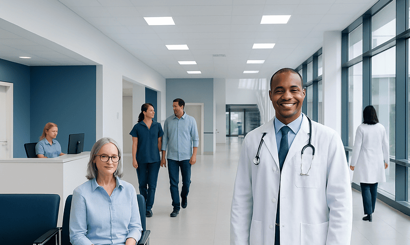 Healthcare professionals and patients in a modern hospital corridor.