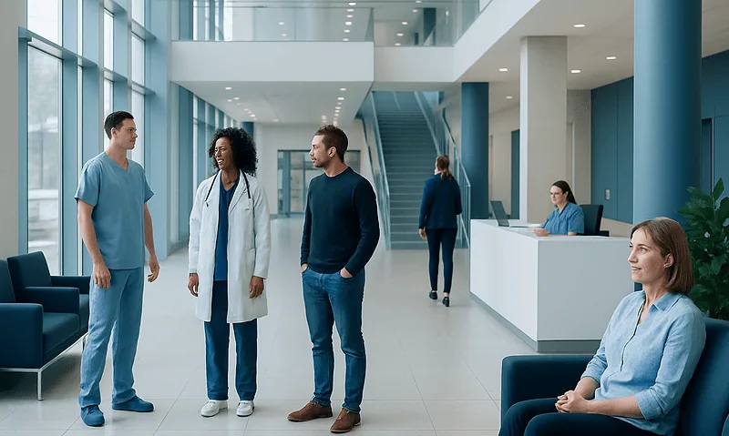 Healthcare professionals and patients in a modern hospital lobby.