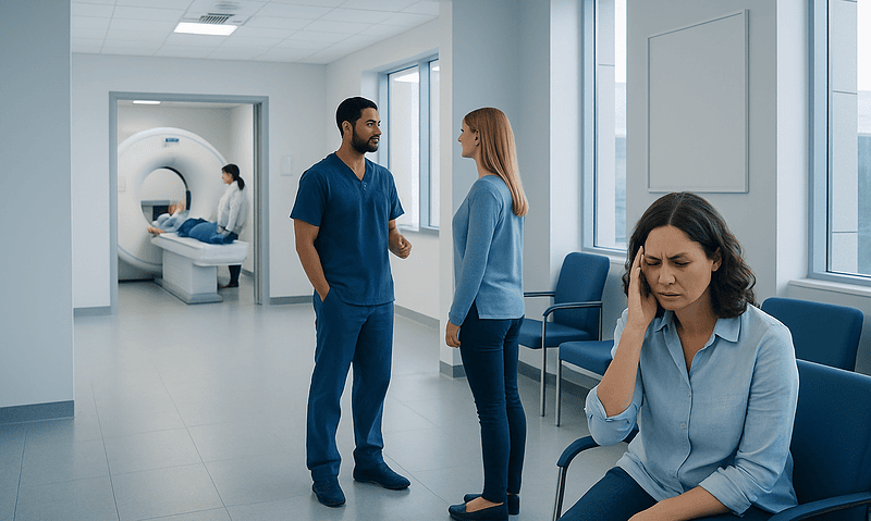 Patient experiencing headache in hospital waiting area with medical staff nearby.
