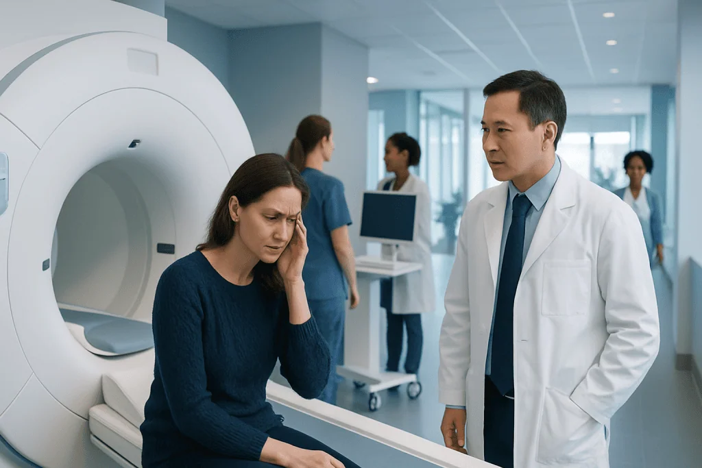 When Migraine Needs Brain Imaging: Red Flags That Change the Workup 1 Woman experiencing headache during brain MRI scan at Acibadem Hospital.