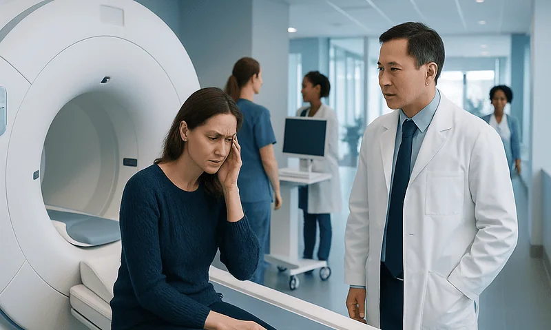 Woman experiencing headache during brain MRI scan at Acibadem Hospital.