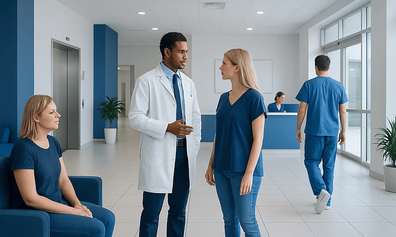 Medical staff and patients in a modern hospital lobby.