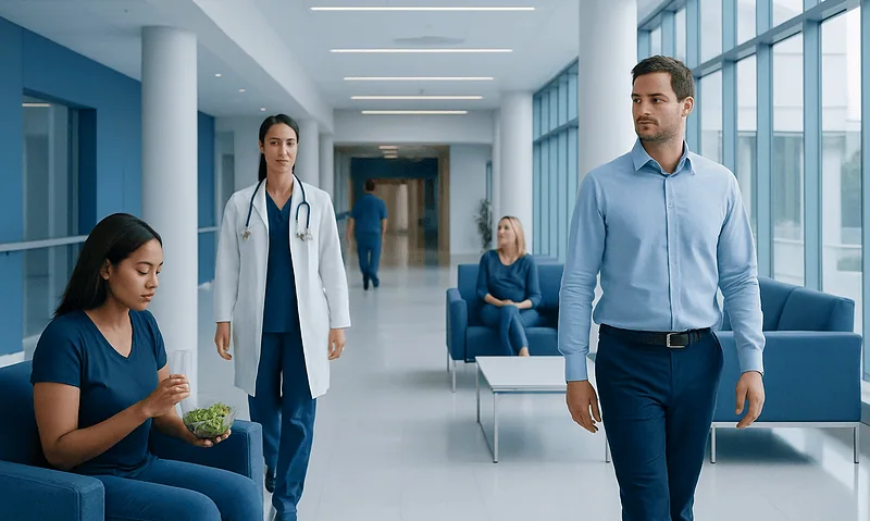 Healthcare professionals and patients in a modern hospital corridor.