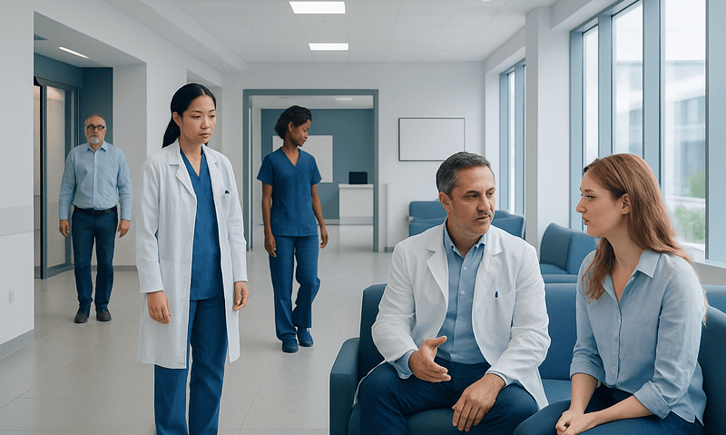 Medical team consulting in a modern hospital waiting area.