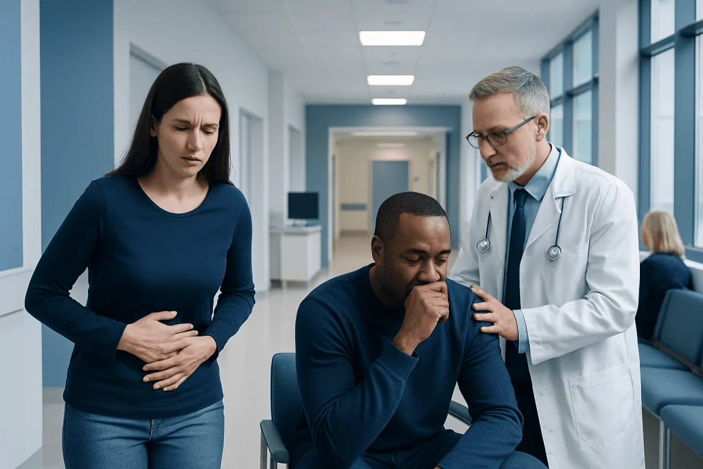 Food Poisoning vs Stomach Flu: How to Tell the Difference 1 Doctor examining a patient with stomach pain in a hospital corridor.
