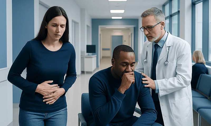 Doctor examining a patient with stomach pain in a hospital corridor.