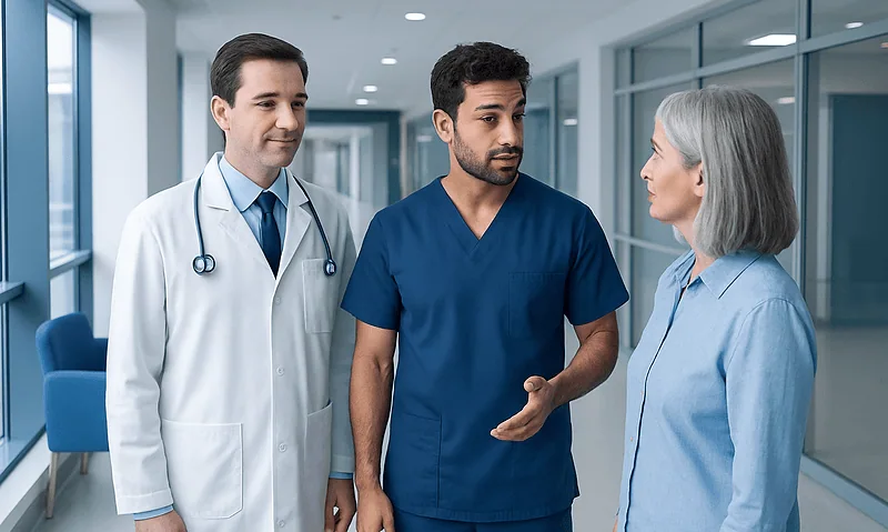 Medical team discussing patient care in hospital corridor.