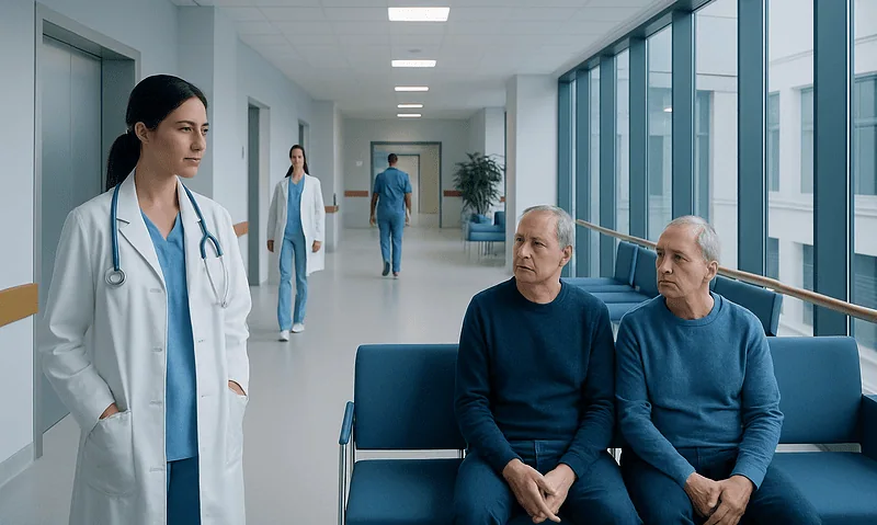Hospital corridor with doctors and patients, modern healthcare setting.