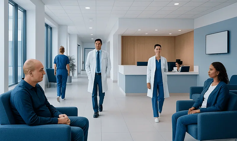 Modern hospital waiting area with medical staff and patients.