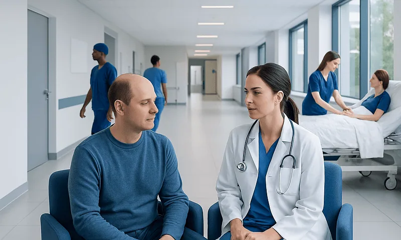 Doctor consulting with patient in hospital corridor at Acibadem Hospitals Group.