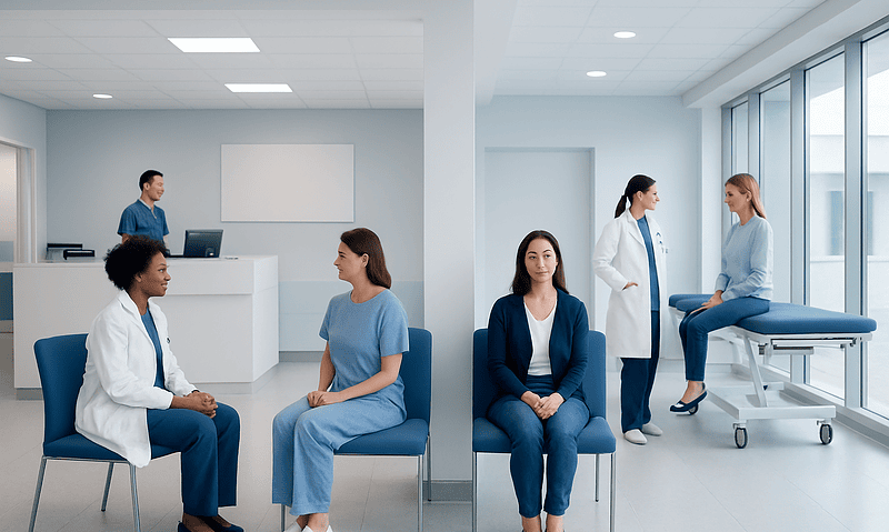 Medical consultation in a modern hospital with doctors and patients.