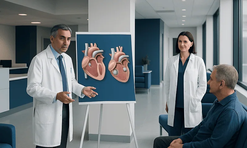 Doctors explaining heart models to a patient in a modern clinic setting.
