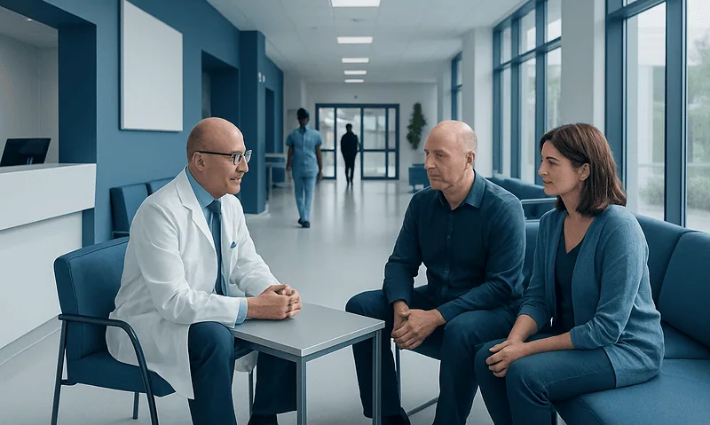 Doctor consulting with a patient and companion in a hospital corridor.