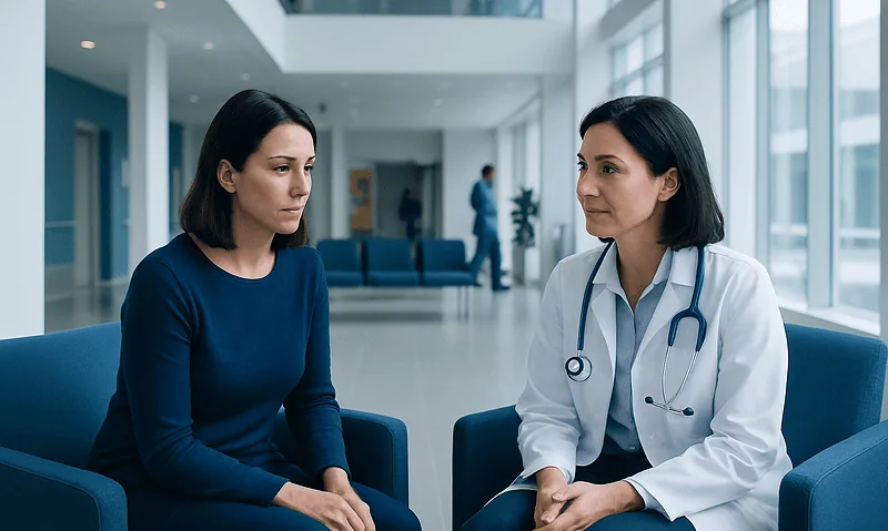 Doctor consulting with a patient in a modern hospital corridor.