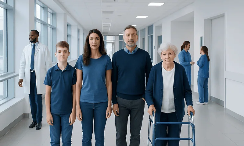 Diverse family with elderly woman in hospital corridor.