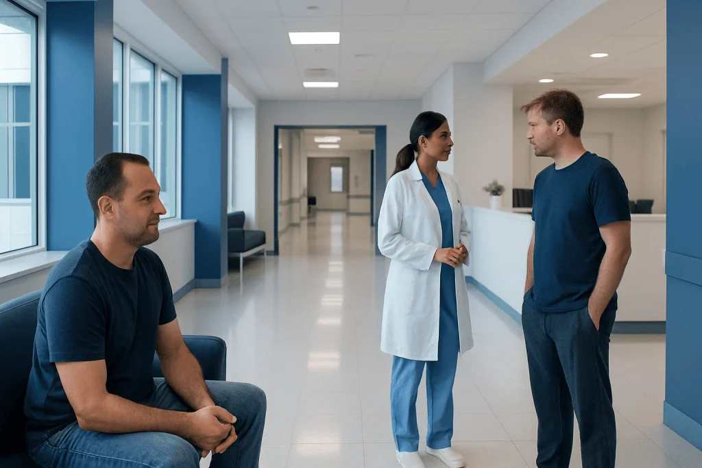 Alcohol Recovery at Home vs Inpatient Detox: Which Is Safer? 1 Doctor consulting with two male patients in hospital corridor.
