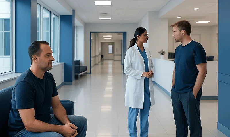 Doctor consulting with two male patients in hospital corridor.