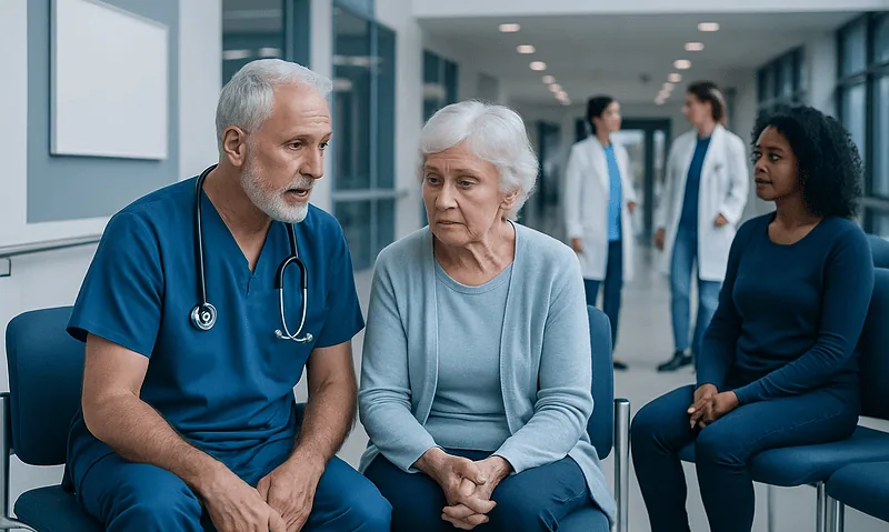 Doctor consulting with elderly patient in hospital corridor.