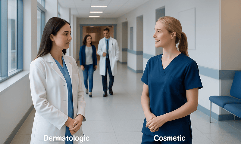 Healthcare professionals discussing dermatology and cosmetic skin care in hospital corridor.