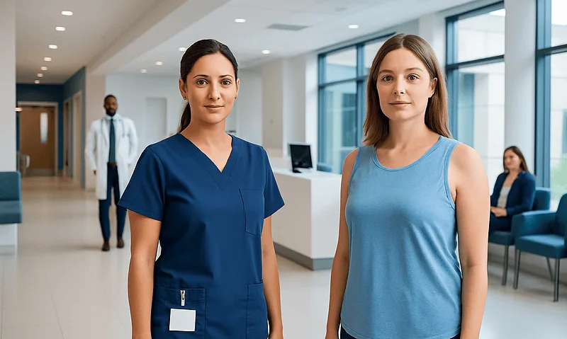 Medical staff and patient in hospital lobby at Acibadem Hospitals Group.