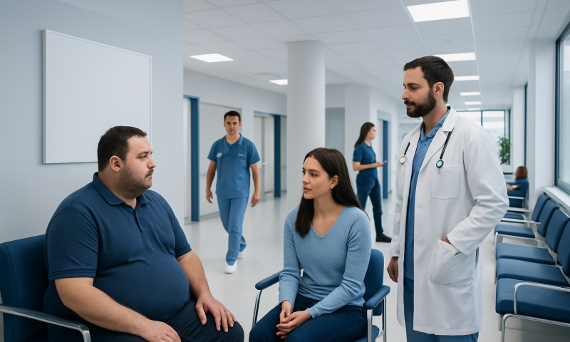 Doctor consulting with a patient in a hospital corridor.